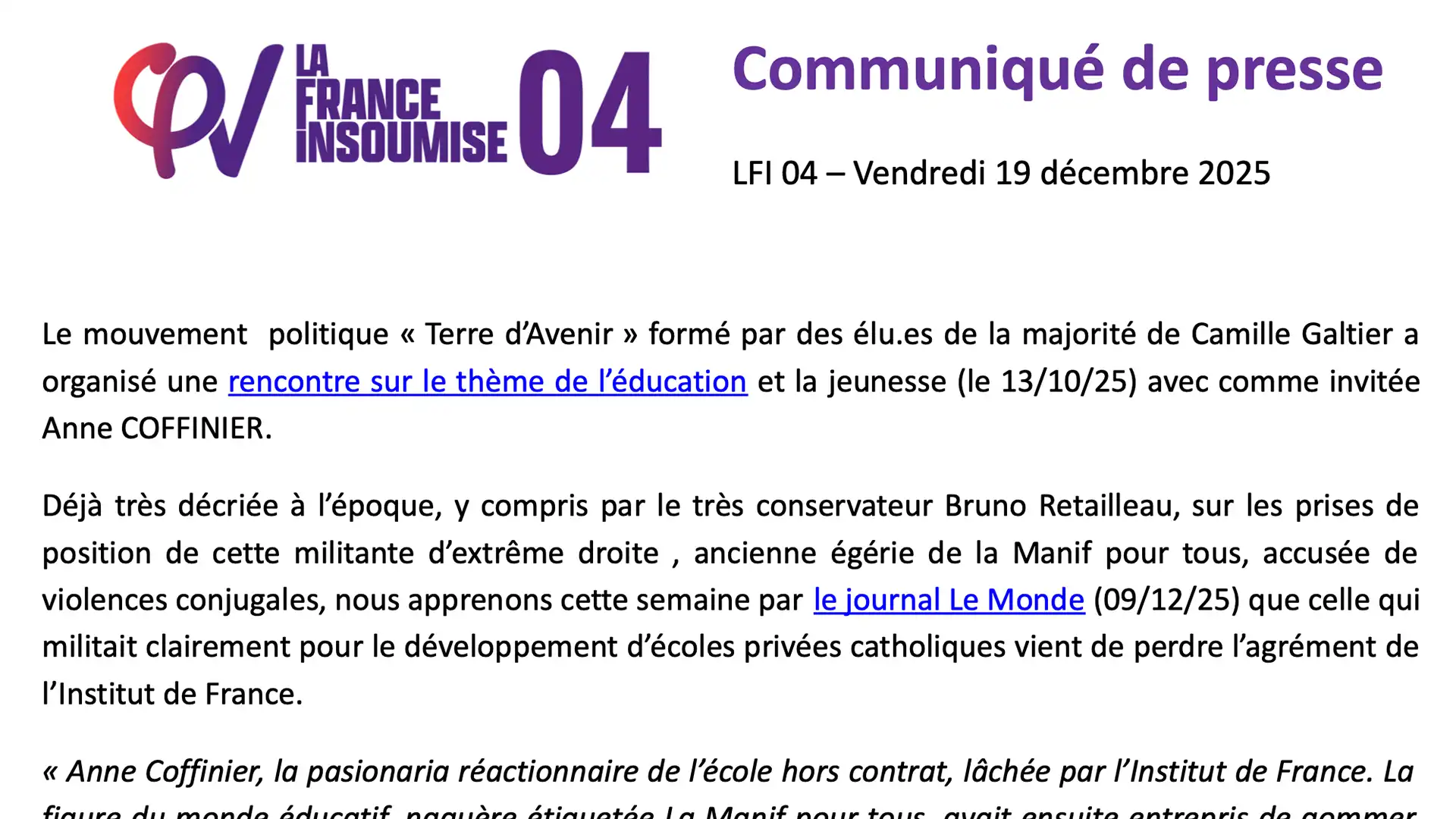Réaction à l&rsquo;invitation d&rsquo;Anne Coffinier par Manosque Terre d’Avenir